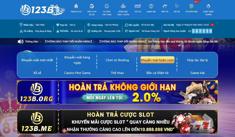 Hoàn thua cược không giới hạn đến 2% tại nhà cái 123B